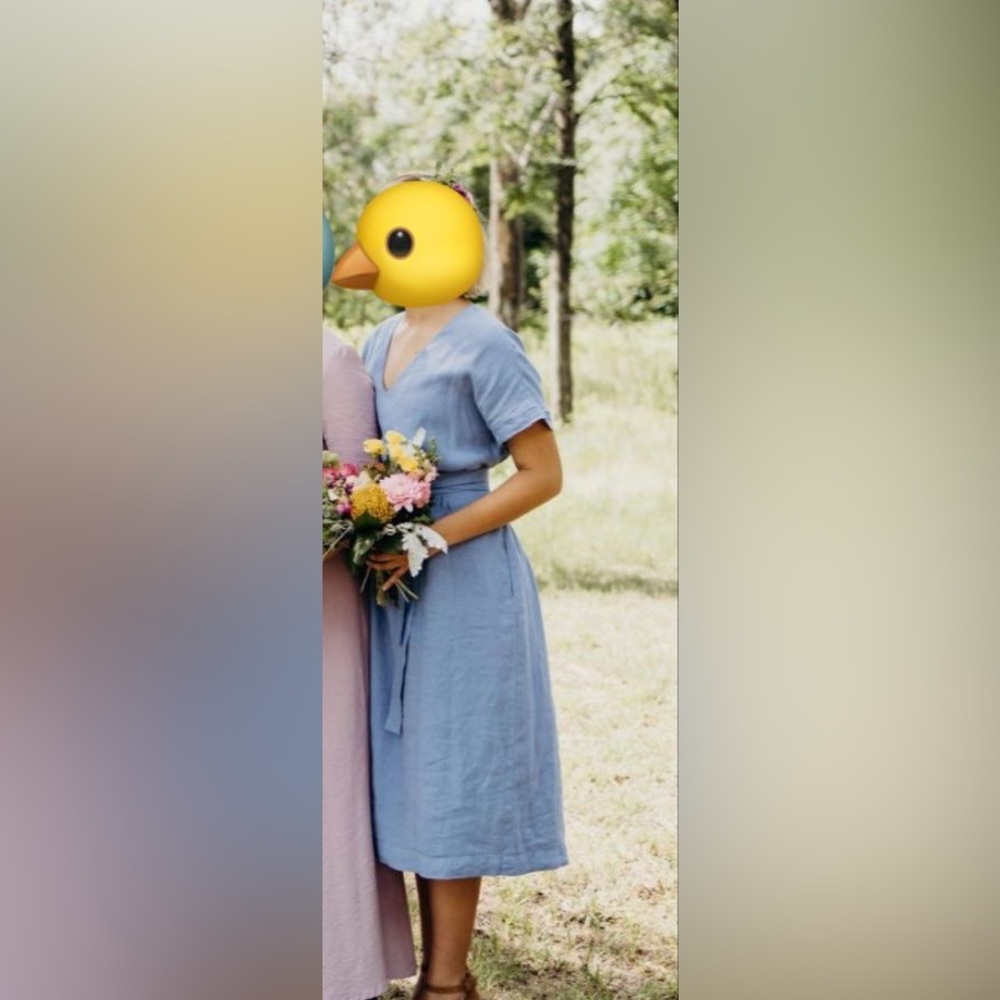 Blue Linen Midi Wrap Dress with Tie Waist